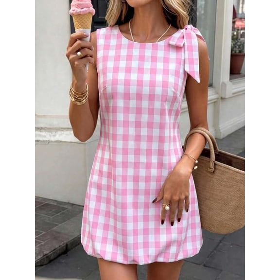 Pink & White Gingham Plaid Bowknot Shoulder Tie Ruffle Hem Mini Dress For Women
