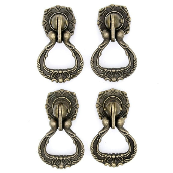 4 PCs Vintage Antique Brass Pendant Ring Pulls Drop Handles Knobs with Single Mounting Hole for Drawer Cabinet Dresser Wardrobe