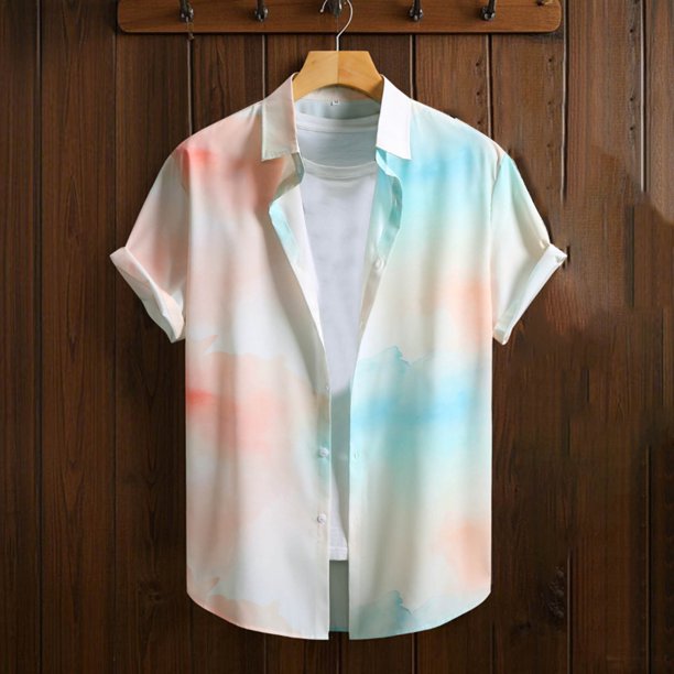 Blusa y camisa de manga corta con cuello vuelto para hombre, estilo casual, con botones, estampado playero, de manga corta, de poliéster