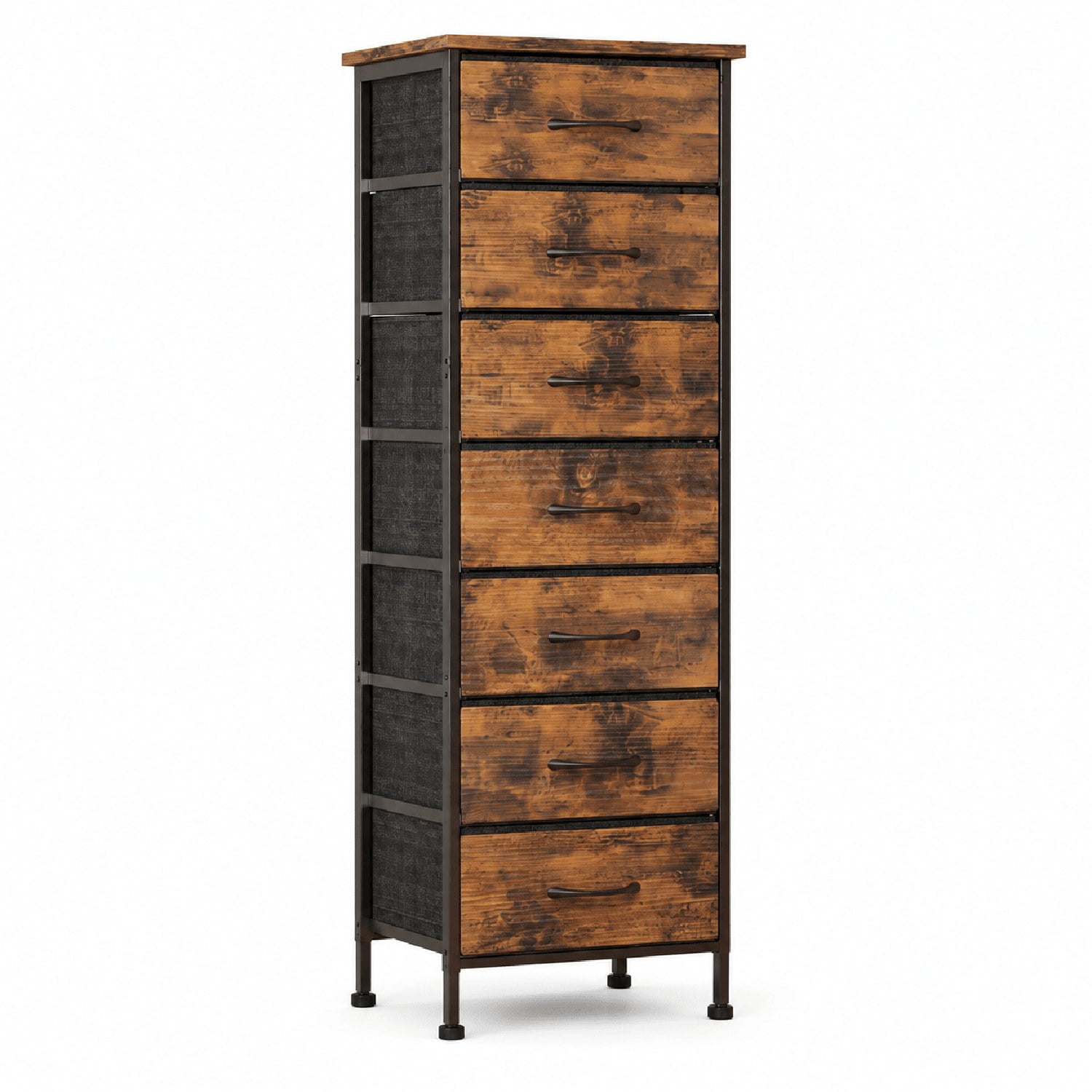 7-Drawer Dresser, Narrow Tall Storage Tower with Wood Top, Steel Frame, Fabric Drawers, Anti-Tip Strap, 47 in High