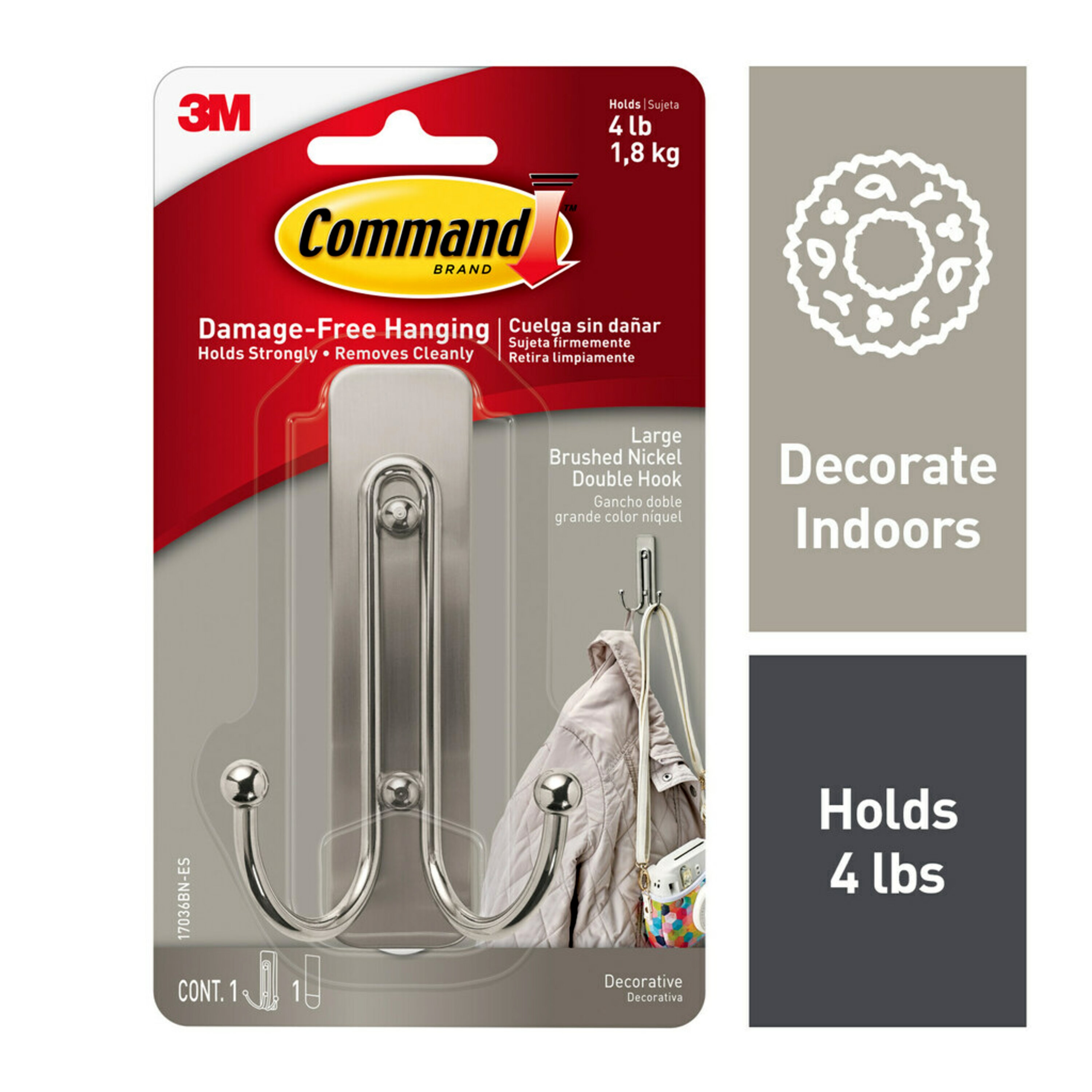 Command Large Brushed Nickel Double Hook, 1 Hook, 1 Strip