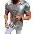 thumbnail image 2 of Xioeram Summer Men T-shirt Glossy Surface Bronzing Slim Fit O Neck Solid Color Short Sleeves Pullover Party Club Performance Dance Streetwear Top, 2 of 7