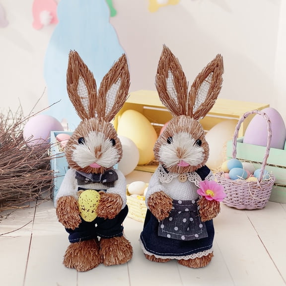 2Pcs Easter Woven Bunny Statue Bunny Couple Figurine Easter Ornament Easter Woven Bunny Figurine 9 inch Rabbit Farmer Couple Statue Decoration for Party Home Valentines Decor and Holiday Gifts