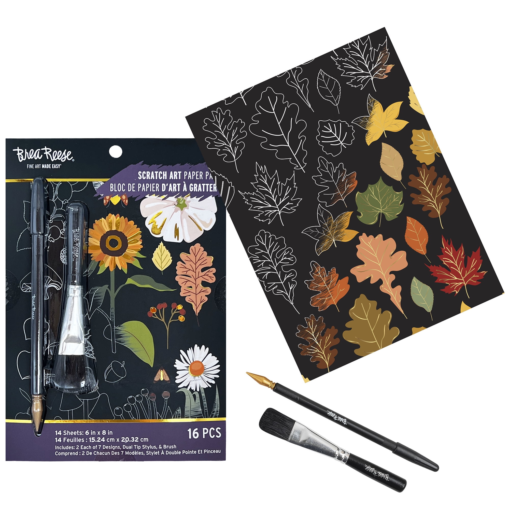 Brea Reese: Scratch Art Paper Pad - Fall Foraging - 14 Sheets, 7 Guided Art Designs, Metallic Accents, Stylus & Brush, 6x8" Pages, DIY Adult Craft Kit