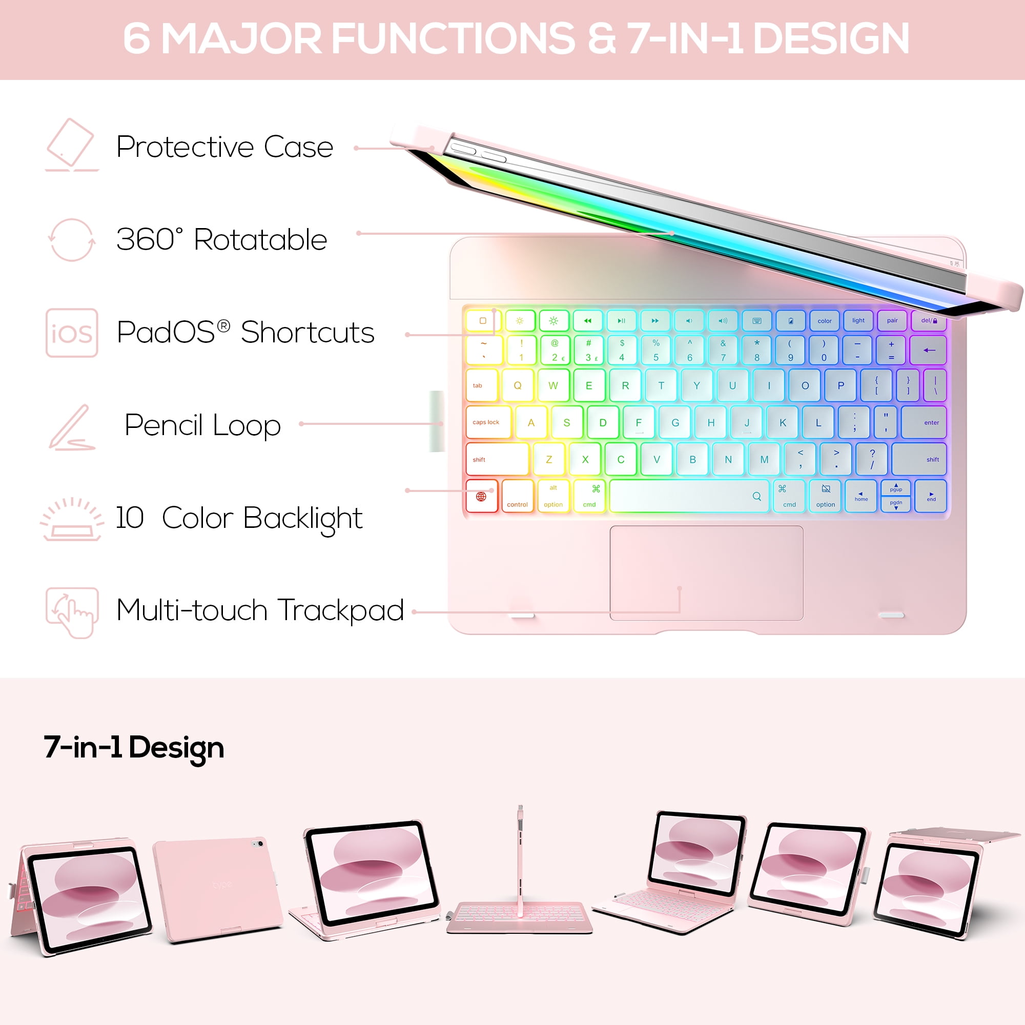 typecase Touch Case with Keyboard for iPad 11th(A16, 2025) & iPad 10th Gen(10.9", 2022), Trackpad, 11 Color Backlight, 360° Rotatable with Pencil Holder - Light Pink