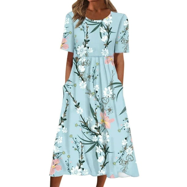 mveomtd Women Summer Casual Print Round Neck Short Sleeve Loose Dress ...