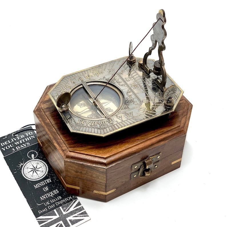 Antique Nautical Sundial Pendulum Compass Engrave Gilbert & Sons London Sundial Compass 4.5" Brass Navigation Compass with Wooden Box