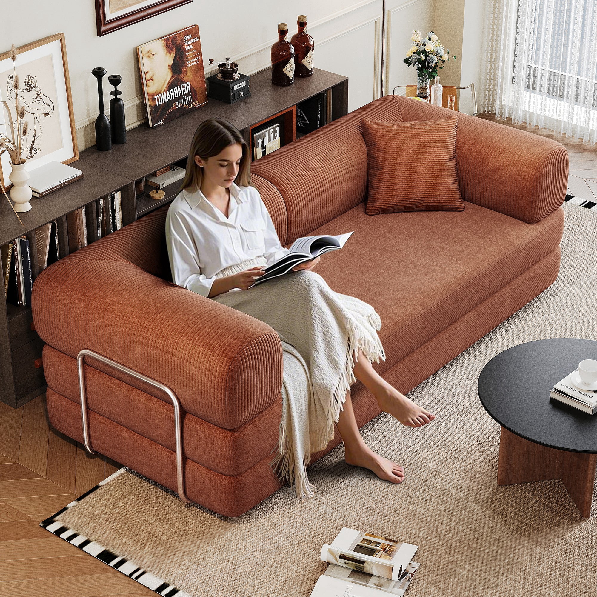 78.8" Compression Sofa Bed, Convertible Floor Futon Couch with Pillow & Armrests, Modular Corduroy Sofa, Brown