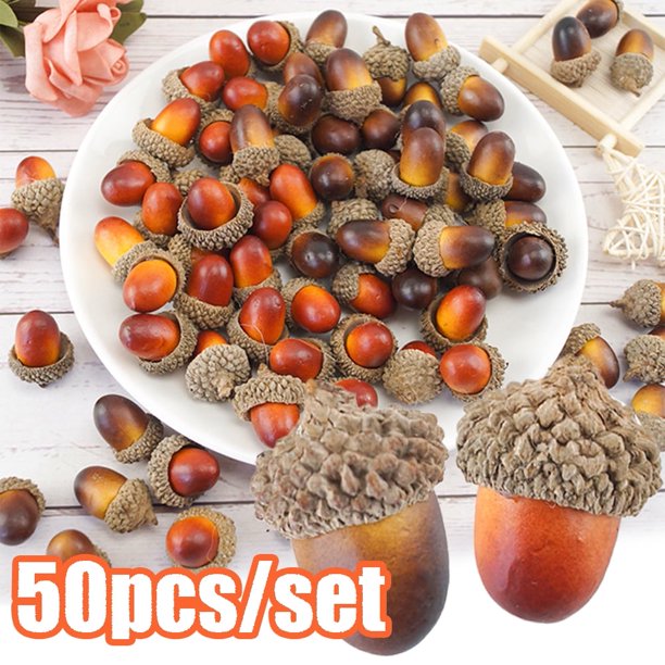50 bellotas artificiales de imitación de nuez con tapa natural, accesorios de simulación de fruta para rellenar jarrones, decoración de otoño para el hogar, Acción de Gracias, Navidad y bodas.