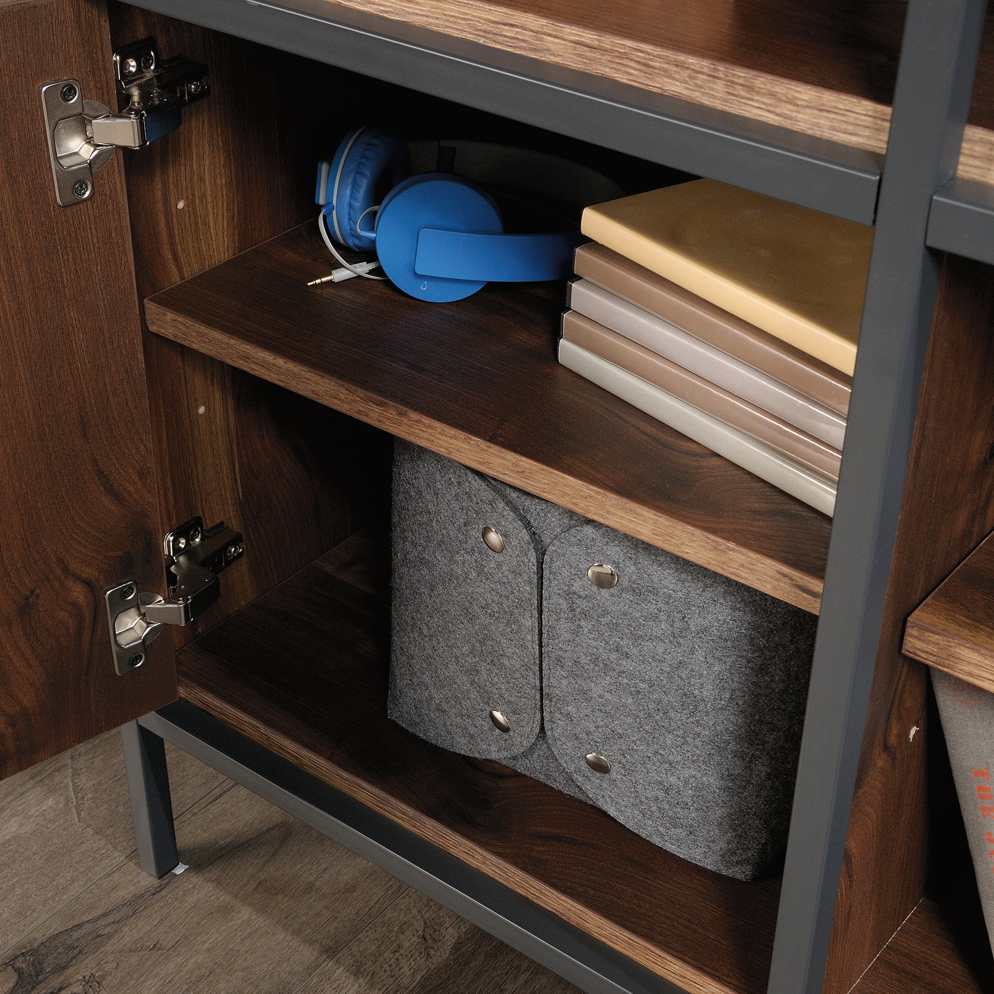 Sauder Nova Loft Metal & Wood TV Stand with Shelves & Storage for TVs up to 46", Grand Walnut Finish