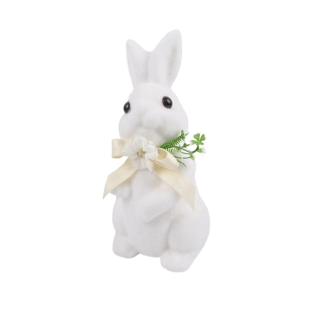 Jierger 13 Inch Flocked Bunnies Decorations Artificial Moss Bunny Figurine with Fake Flower Ribbon Bow Tie Large Size Furry Flocked Standing Rabbit Statues for Home Kitchen Table Decor