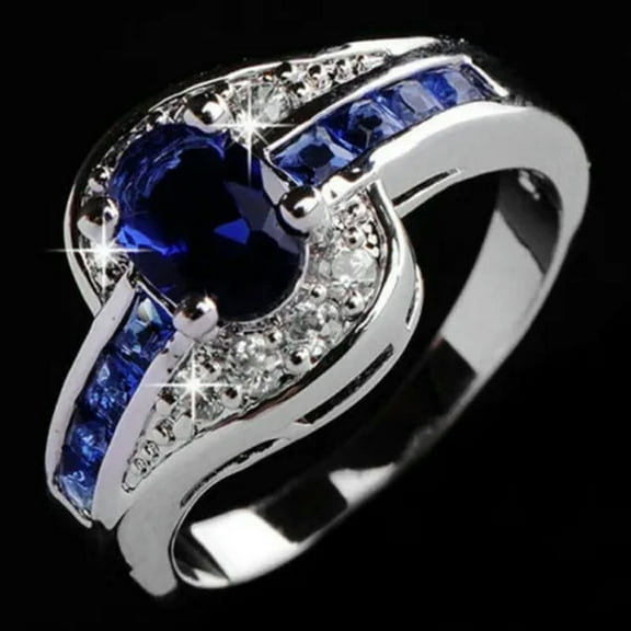 HOOUN Women 925Silver Blue Sapphire Gemstone Ring Cocktail Wedding Party Ring Sz6-11-10-1#
