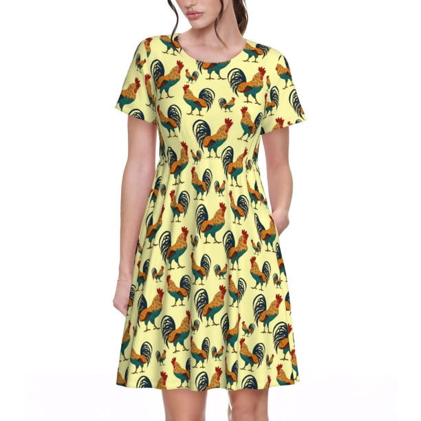 Disketp Roosters In Farm para Vestido de Manga Corta para Mujeres, Vestidos de Verano para Mujeres, Casual y Holgado para la Playa