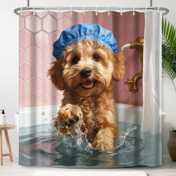 Cute Puppy Shower Curtain Waterproof Fabric Bathroom Decor with Hooks 71x71 inches