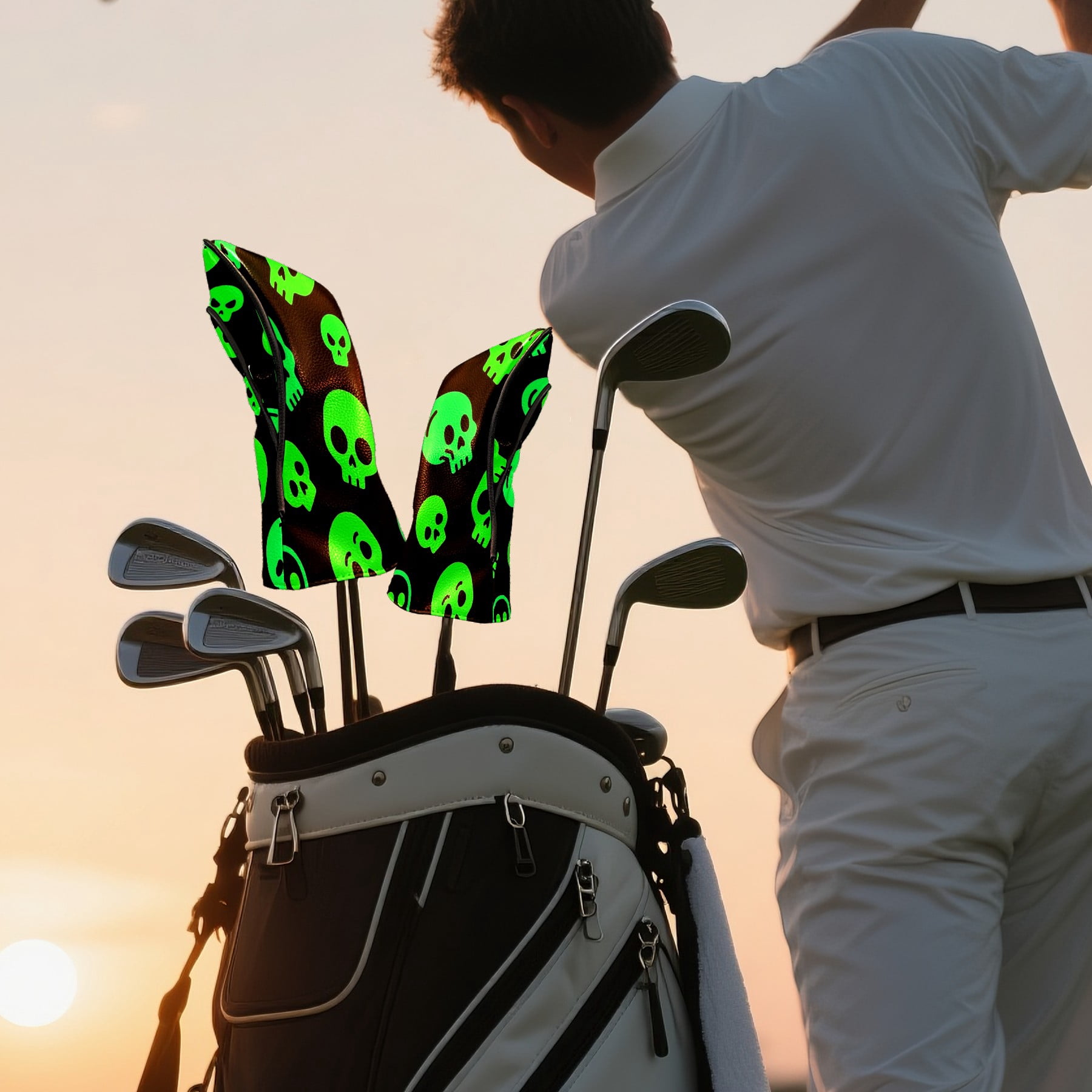 Golf Club Covers, Green Skeleton Premium PU Leather Driver Hybrid Putter Head Covers with Velvet Lining, Waterproof Golf Gifts for Men Women