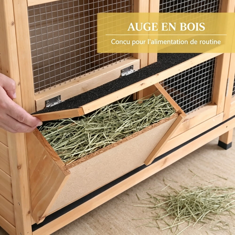 Outdoor 2-Room Fir Wood Rabbit Hutch, Weatherproof Asphalt Roof Small Animal Cage with Pull Out Trays, Predator Resistant Steel Wire Bunny House for Rabbits Guinea Pigs Backyard Patio Use