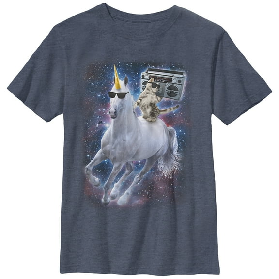 Boy's Lost Gods Boombox Cat and Unicorn Space Song Graphic Tee Navy Blue Heather Small