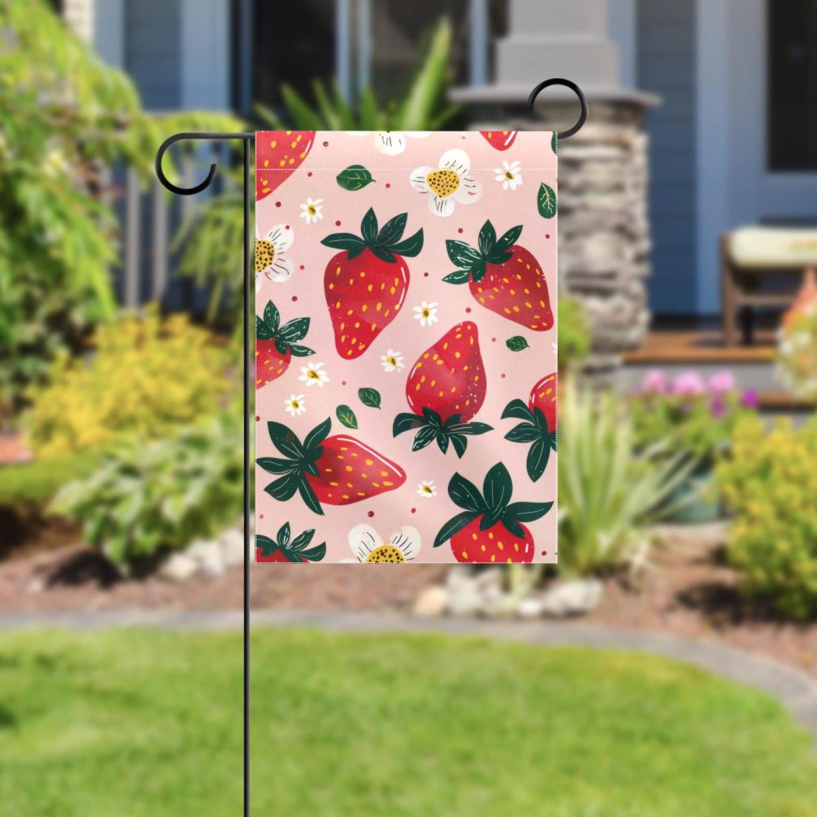 Strawberries and Cute Flower on Pink Background Double Sided Garden Flag Decorative Weather Resistant Yard Flag, Large DIY Vertical Flag for Farmhouse Patio Lawn, 28x40 Inch