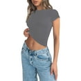 thumbnail image 4 of Sexy Short Sleeve Top for Women Solid Slim Fitted Shirt Tee Basic Crew Neck Crop Top Blouse, 4 of 9