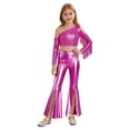 thumbnail image 3 of iiniim Girls Sparkly Dance Outfits Sequin Crop Top and Metallic Flare Pants Kids Hip Hop Disco Hot Pink 10, 3 of 7