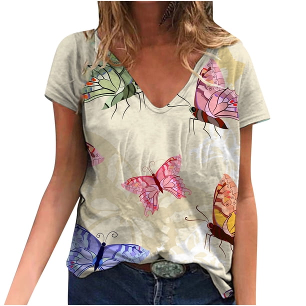 Blusa de manga corta con cuello en V informal para mujer a la moda, camisetas de verano Fridja bn3875