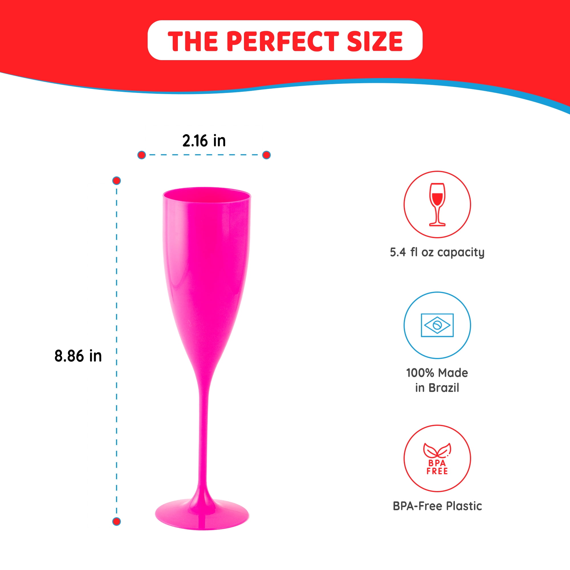 Grupo Mirandinha - 30 Pink Acrylic Champagne Flutes, 5.4 fl oz, BPA-Free, Shatterproof & Elegant