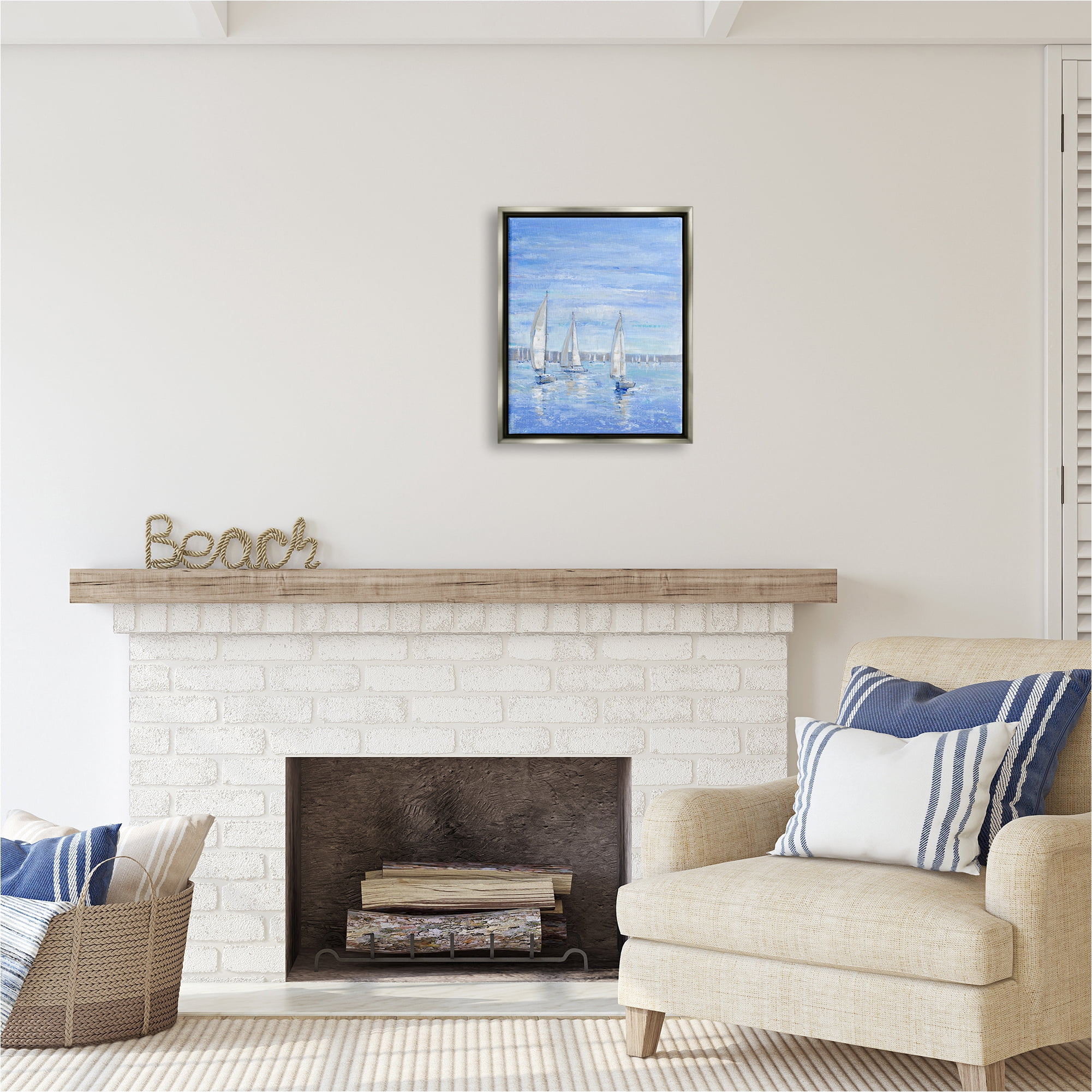 Stupell Industries Blue Sailboat Fleet Transportation Painting Gray Floater Framed Canvas Art Print Wall Art, 17 x 21