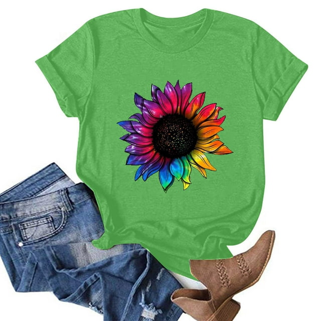 Fiudx Ofertas Relámpago Mujer Casual Verano Impresión Manga Corta Cuello Redondo Suelta Camiseta Blusa Tops
