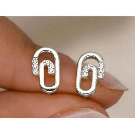 1.0Ct Stud Earrings Round Cut Simulated Diamond Paper Clip 14K White Gold Plated