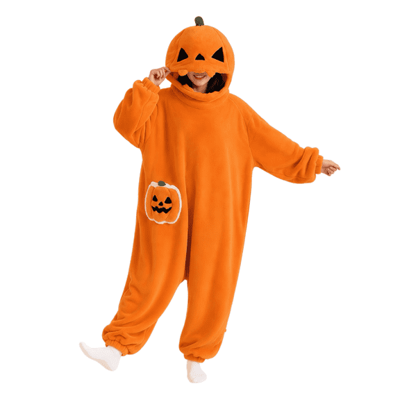 Halloween Pumpkin Onesie Pajamas, Oversized Plush Fleece Hooded One Piece for Sleep & Halloween, Christmas Party (M)