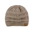 thumbnail image 3 of C.C BeanieTail Sparkly Sequin Cable Knit Messy High Bun Ponytail Beanie Hat, Taupe, 3 of 4