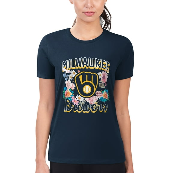 Women's G-III 4Her by Carl Banks Navy Milwaukee Brewers Super-Slim Fit Lightweight Flowers Graphic T-Shirt