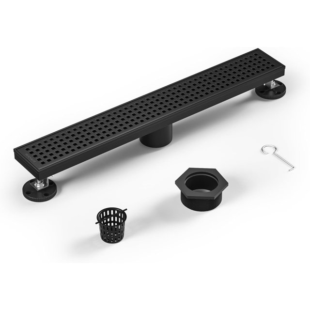 Linear Shower Drain 18", 304 Stainless Steel Floor Drain with Grid Drain Cover & Hair Strainer, Rectangular Shower Drain w/CUPC Certified, Matte Black
