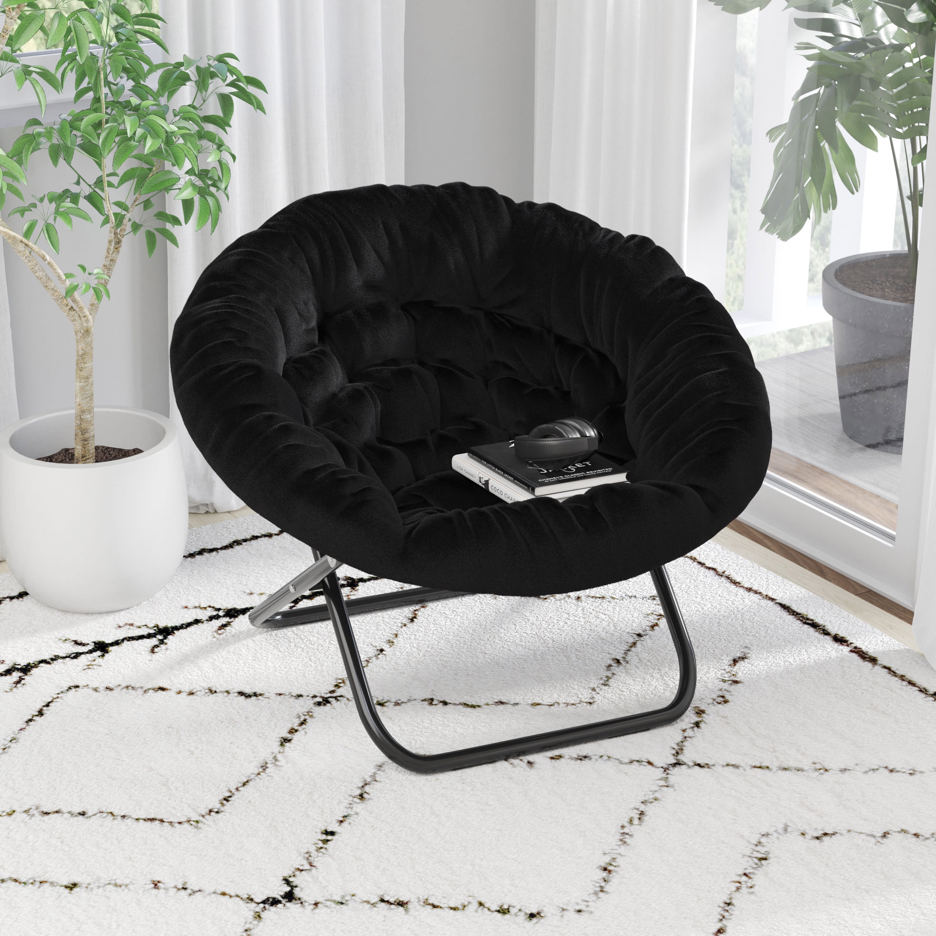 BizChair 38" Oversize Portable Faux Fur Folding Saucer Moon Chair for ...