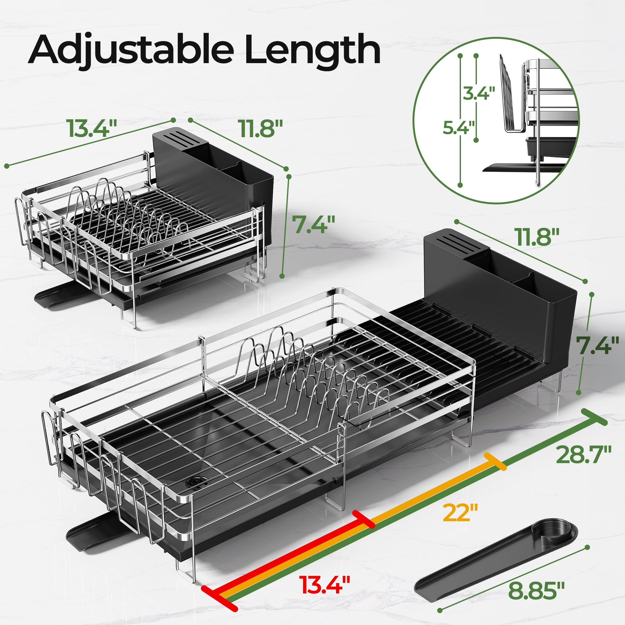 ORDORA Dish Drying Rack - Extendable Dish Rack Kitchen Drainer Set, Multifunctional Dish Drainer with Drainboard Set, Dish rack with Utensil Holder & Cup Holder, 13.4"-28.7" L x 11.8" W