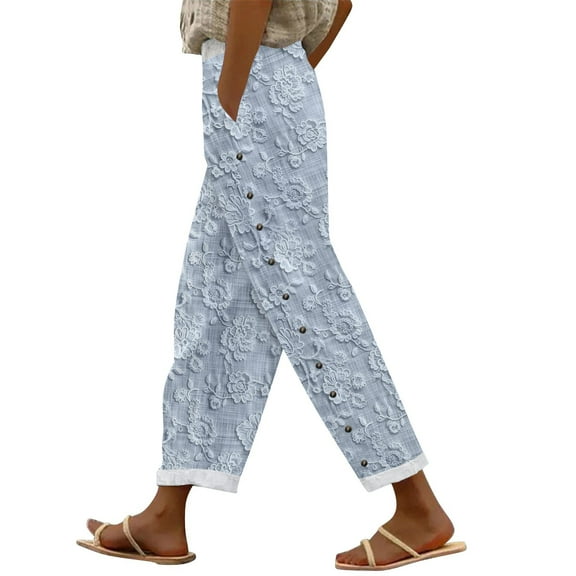 Women's Linen Pants Women'S Embroidered Floral Print Elastic Belt With Pocket Trousers Side Buttons Cropped Pants Loose Casual Pants Print Straight Pants, Women's Casual Pants XL