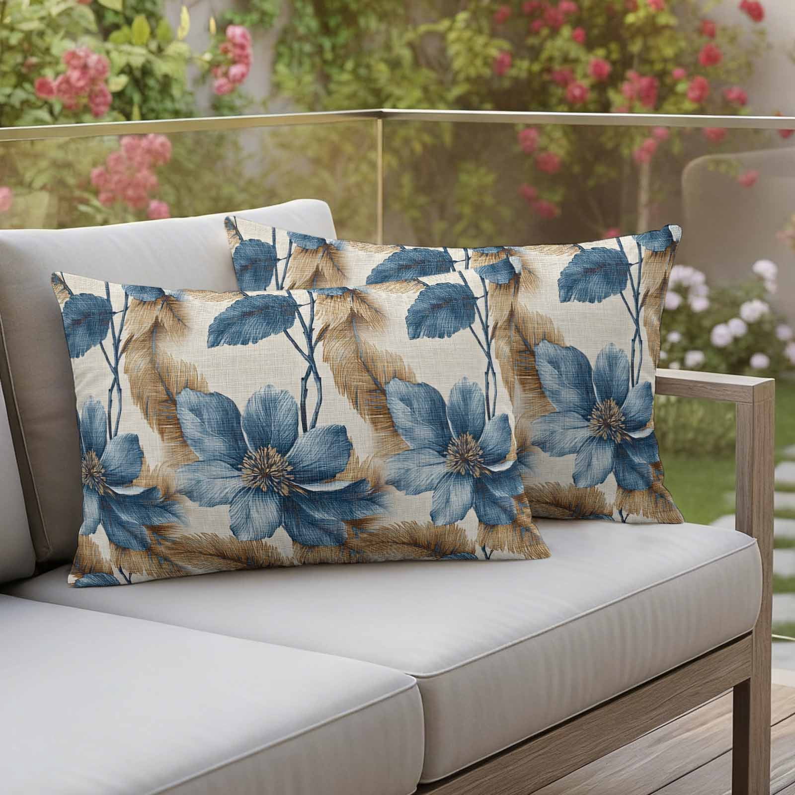 Blue Brown Botanical Outdoor Waterproof Pillow Covers, Flowers Vintage Summer Decorative Rectangle Throw Pillowcase Sofa Cushion Sham for Patio/Couch/Chair, 20"x12" 2 Pack