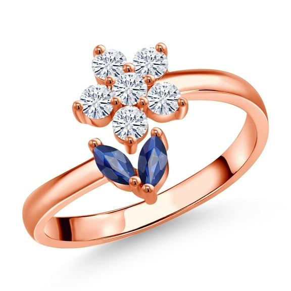 Gem Stone King 18K Rose Gold Plated Silver Blue Sapphire Flower Open Ring for Women (0.58 Cttw, Gemstone September Birthstone, Size 5)