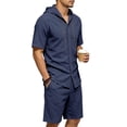 thumbnail image 4 of LEKWK Men Linen Sets Outfits 2 Piece Short Sleeve Button Down Hooded Tops and Elastic Waist Shorts Lightweight Loose Fit Summer Fashion Beach Vacation Wear, 4 of 9