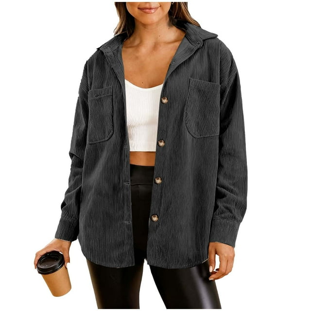fatyb Womens Corduroy Shirts Button down Shacket with Pockets Casual Long Sleeve Collared Blouses Tops