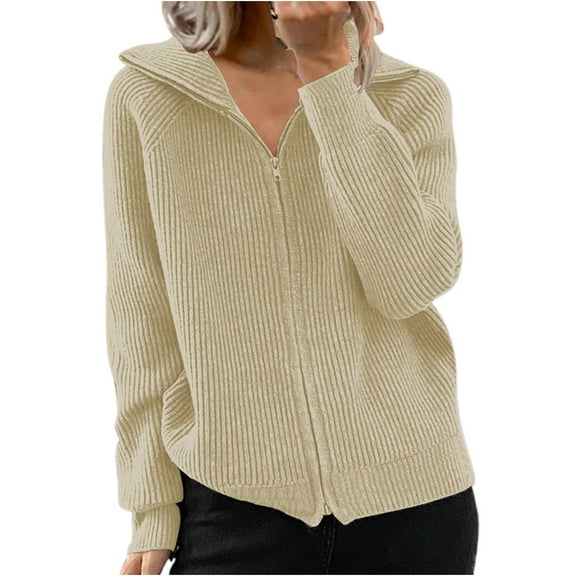 XFLWAM Women's Lapel V Neck Ribbed Zipper Up Knit Pullover Jumper Solid Color Knitwear Long Sleeve Cardigan Sweaters Brown S