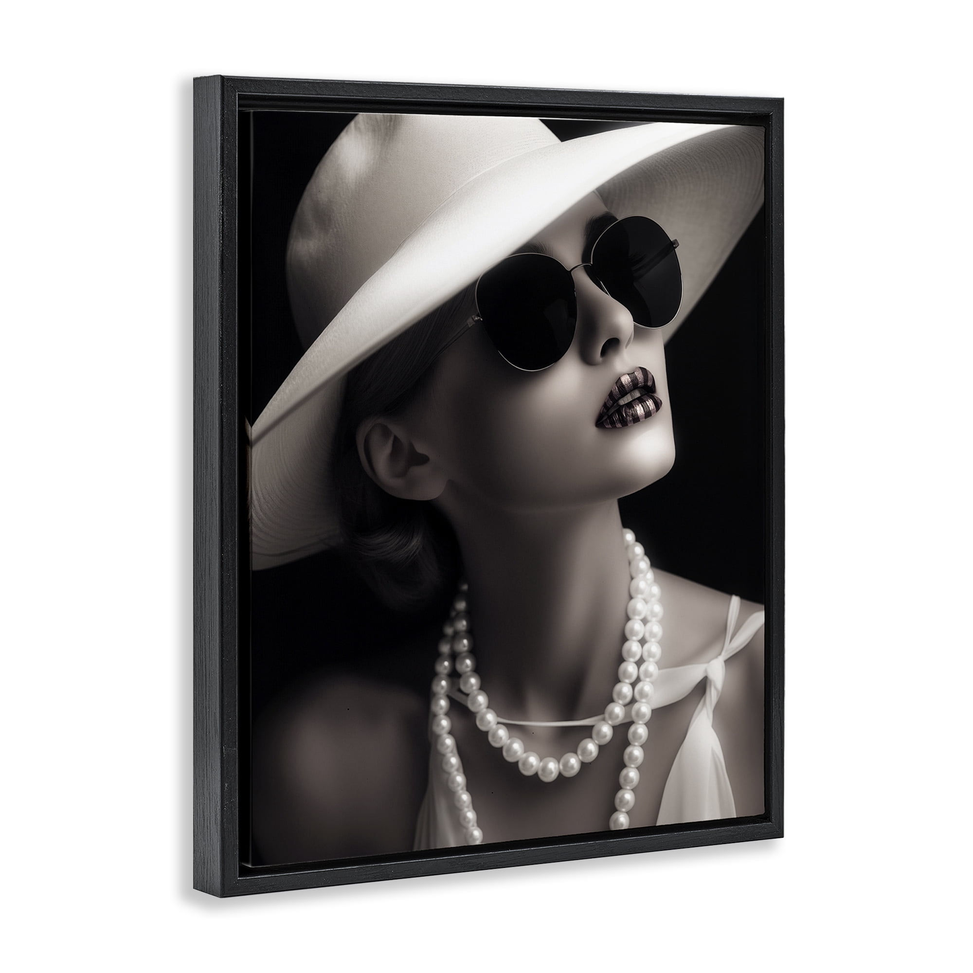 Stupell Industries Trendy Girl with Striped Lips Novelty Painting Black Floater Framed Art Print Wall Art, 17 x 21