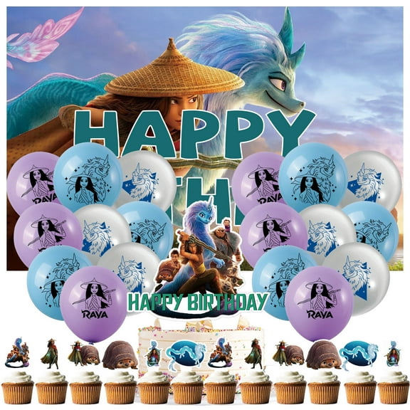 32 Pcs For Raya and The Last Dragon Theme Party Decorations,With 5*3ft Birthday Backdrop Decorations,13 Cupcake Toppers Balloons,18 Balloons,for Birthday Party Decorations