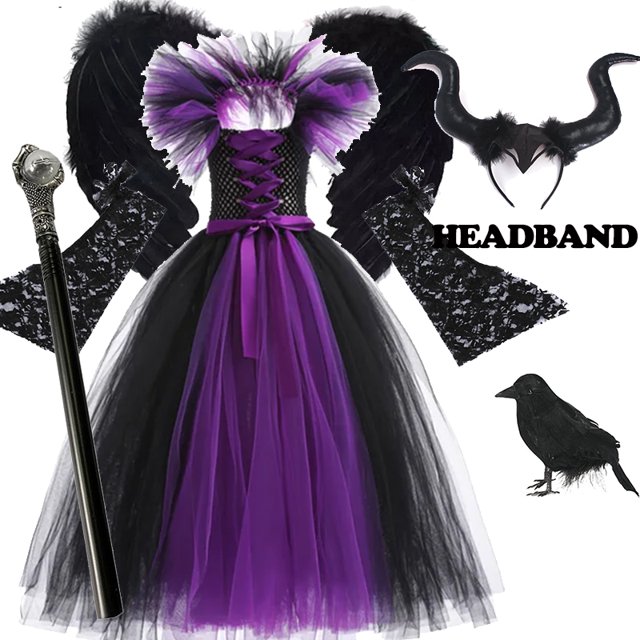 Disfraz de bruja maléfica de Disney para Halloween, disfraz de reina demonio para niños, vestido de lujo con cola para niñas, vestido glamoroso negro, ropa con tutú
