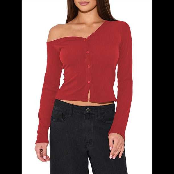 Cárdigan Corto de Larga con Hombros Descubiertos y Abertura Frontal para Mujer, Camisa con Botones, Tops de Otoño Rojo Vino M
