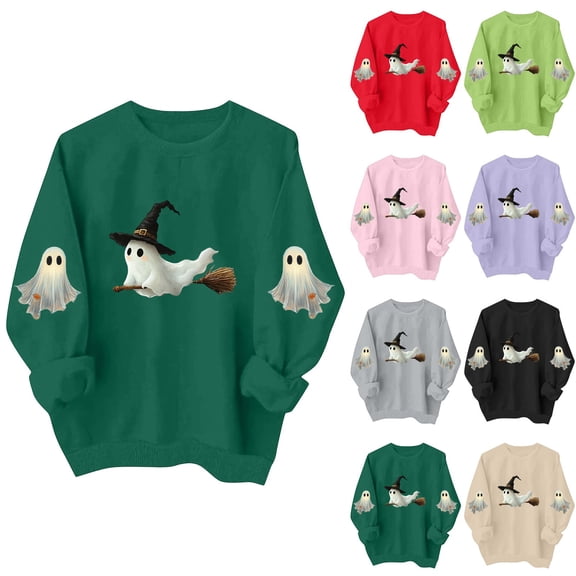 Jsaierl Halloween Sweatshirts for Women Plus Size Ghost Graphic Pullovers Trendy Loose Fit Crewneck Long Sleeve Sweater Tops Halloween Costumes, Sizes S-2XL