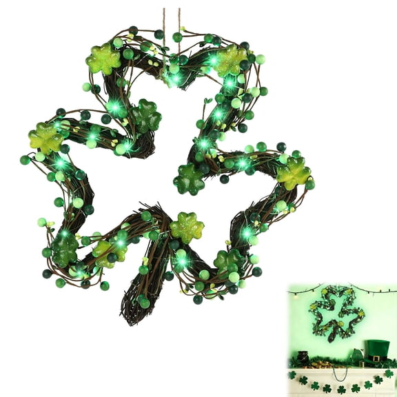 JHEHF St. Patricks Day Wreath Decorations Green Glitter Wreath with LED Lights for Spring Outdoor Front Door Wall Mantel Fireplace Holiday Home Decor