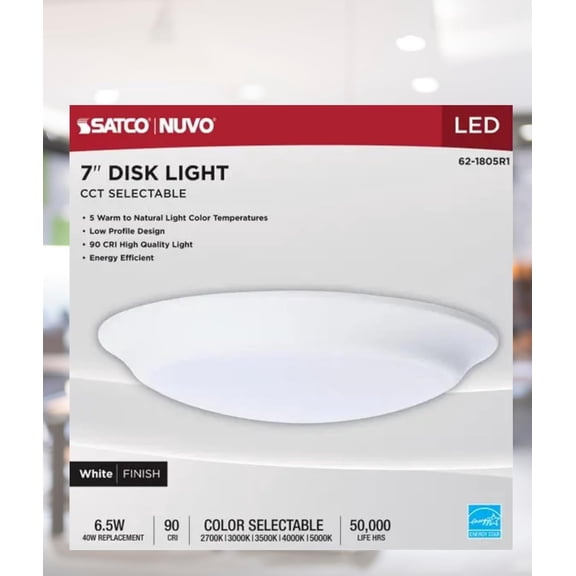 Satco 62-1805R1 7 Inch LED Disk Light 6.5W CCT Selectable 2700K-5000K 615 Lumen Dimmable Wet Rated White Finish Energy Star (1 Pack)
