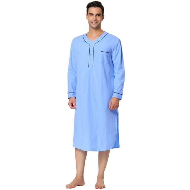 INSPIRE CHIC Camisón de algodón para hombre, camisón de manga larga, camisón Henley, ropa de dormir Azul M