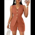 thumbnail image 1 of Conjuntos de Verano de 2 Piezas para Mujer, Sin Mangas, con Cuello en V, Abotonado, Chaleco y Pantalones Cortos con Bolsillos. Marrón L, 1 of 10